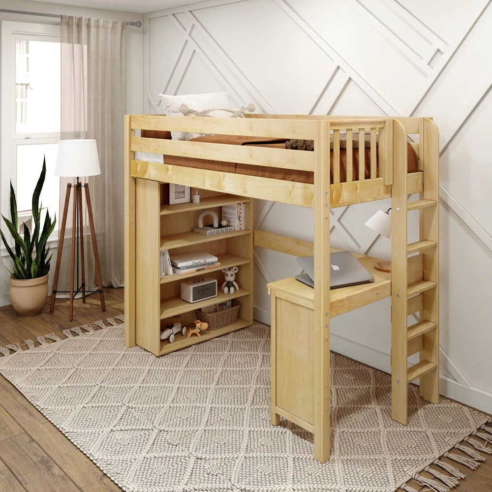 Twin High Loft Bed with Straight Ladder on End, Corner Desk and Storage