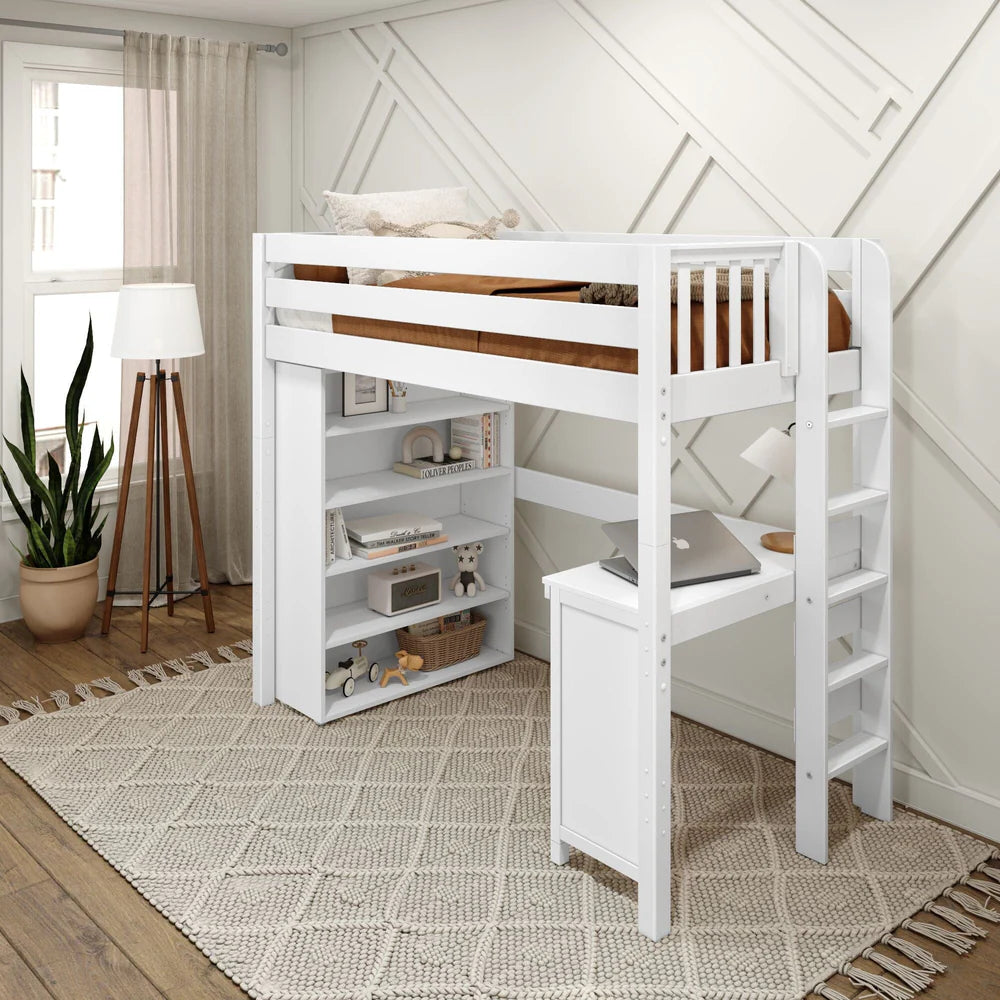 Twin High Loft Bed with Straight Ladder on End, Corner Desk and Storage