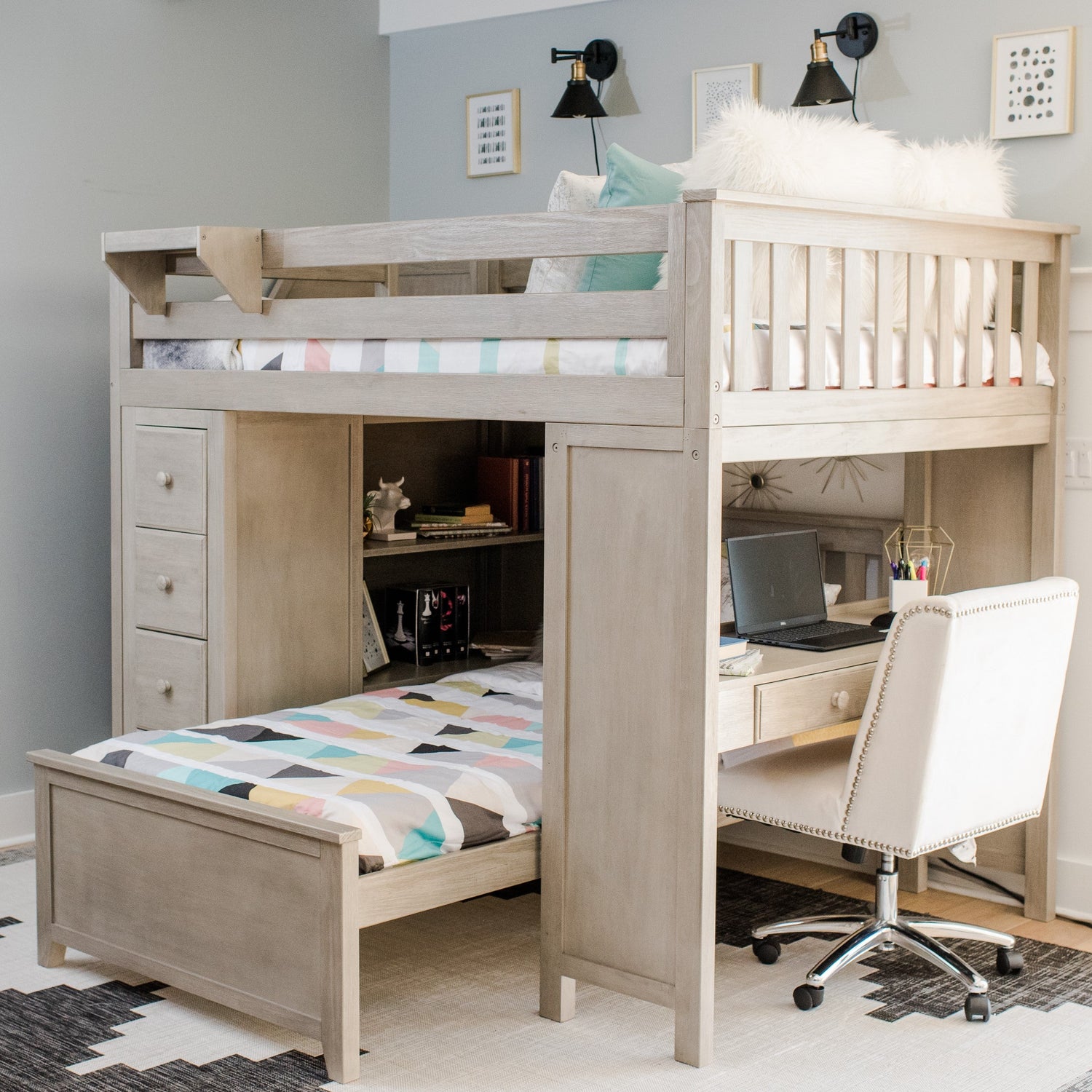 Full Over Twin L-Shaped Bunk With Staircase + Desk + Storage