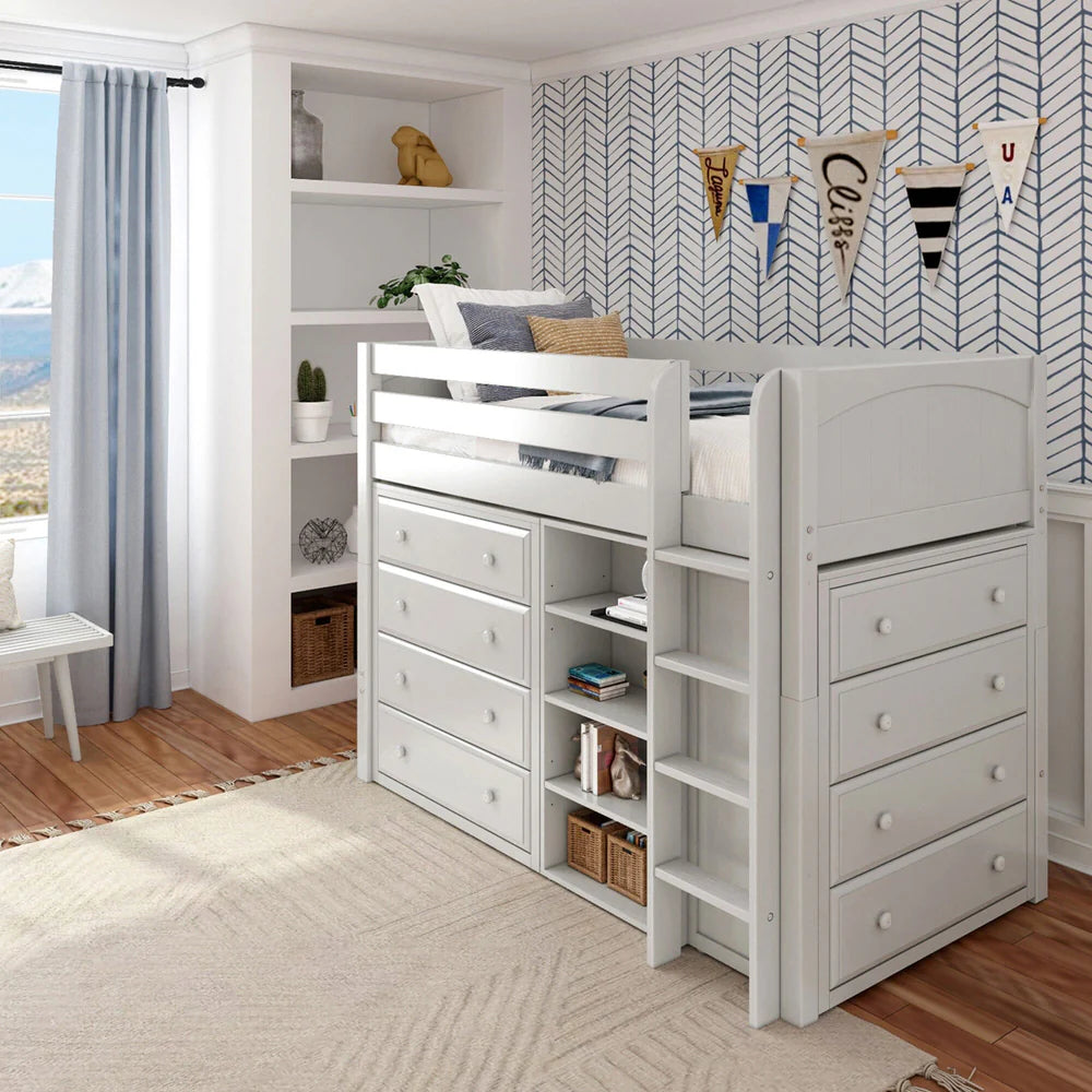 Twin Mid Straight Ladder Loft with Two 4 Drawer Dressers & Bookcase