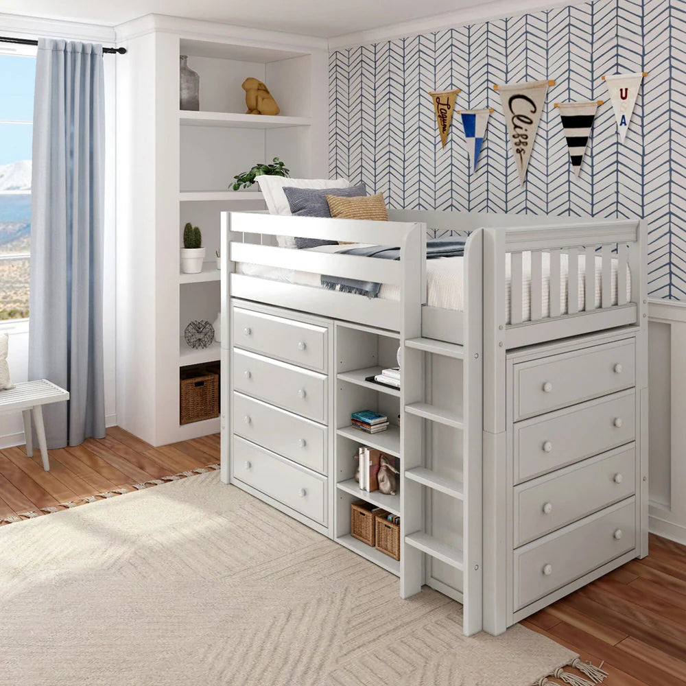 Twin Mid Straight Ladder Loft with Two 4 Drawer Dressers & Bookcase