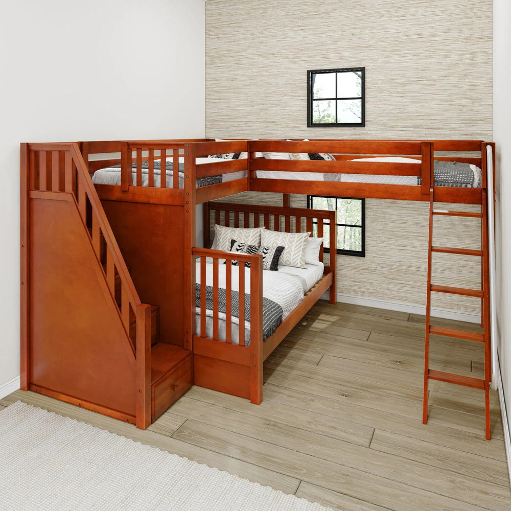 Twin XL over Queen + Twin XL Corner Triple Loft Bunk Bed with Stairs