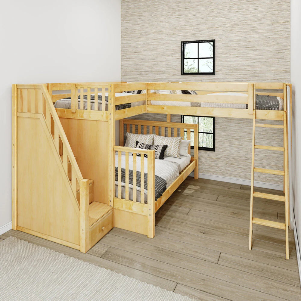 Twin XL over Queen + Twin XL Corner Triple Loft Bunk Bed with Stairs