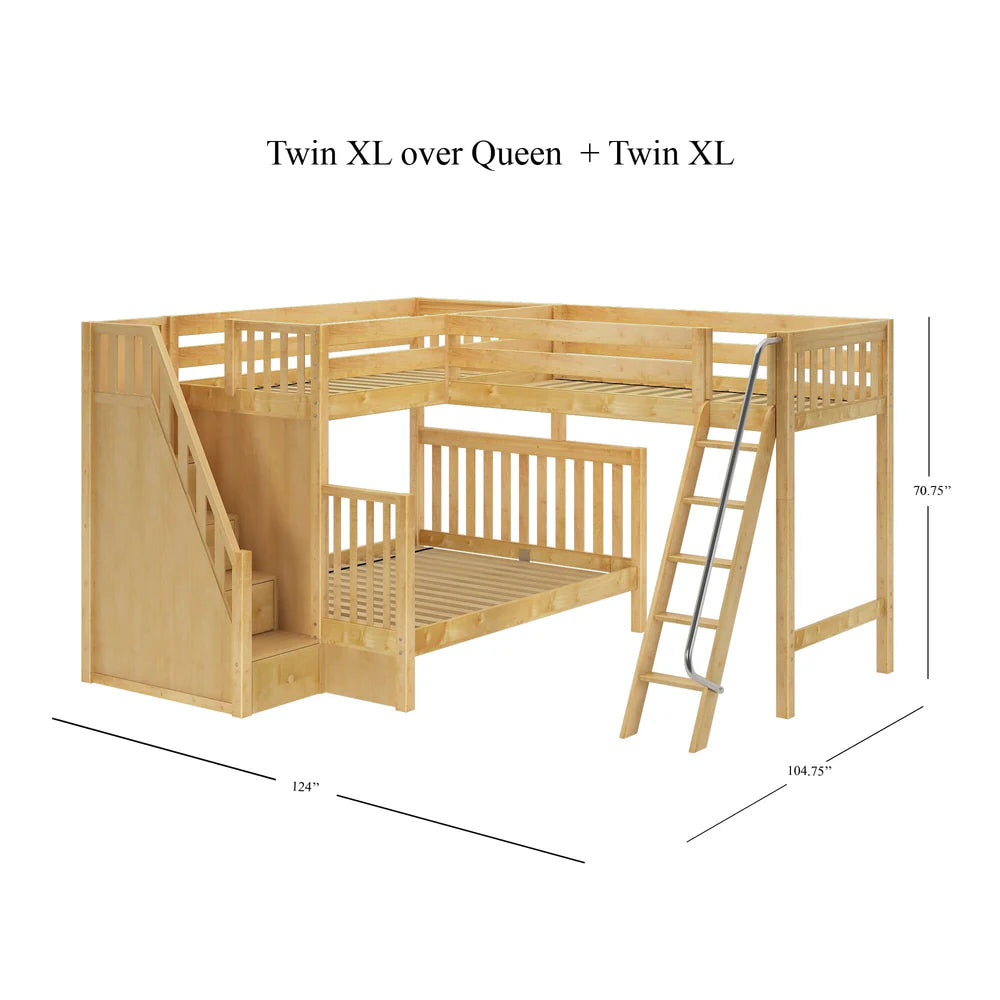 Twin XL over Queen + Twin XL Corner Triple Loft Bunk Bed with Stairs