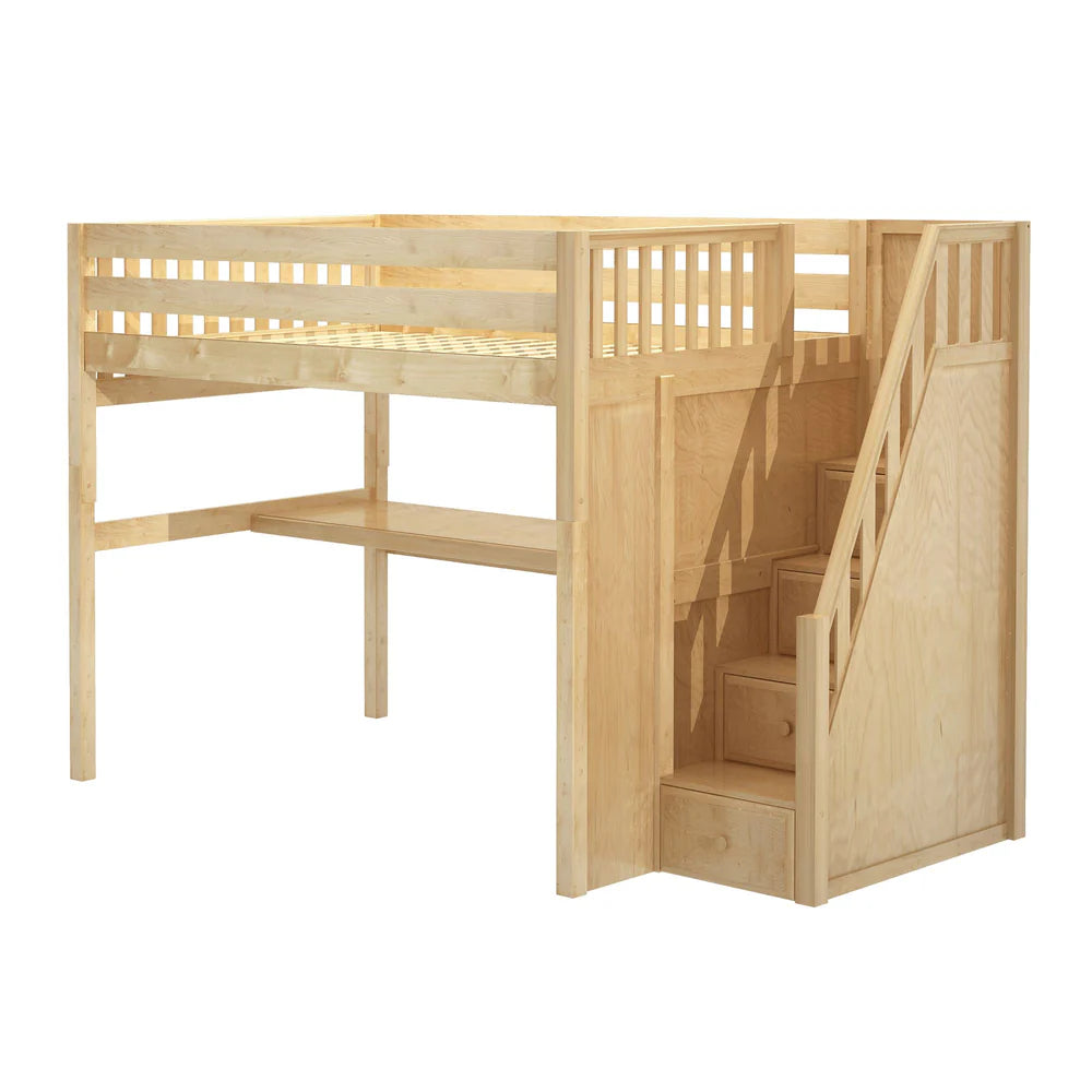 High Study Loft Bed with Long Desk and Stairs