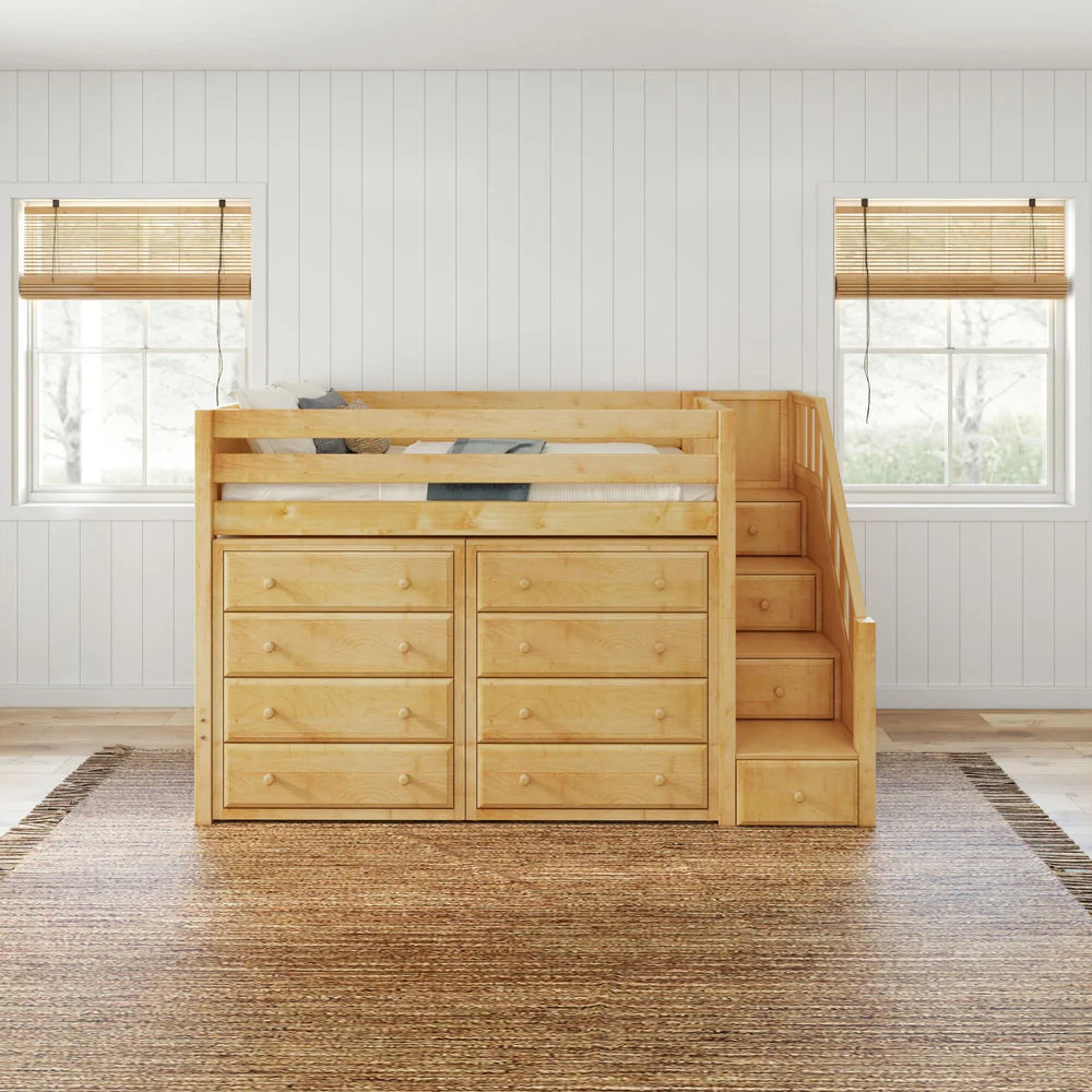 Twin Mid Loft Bed with Stairs and 2 Dressers