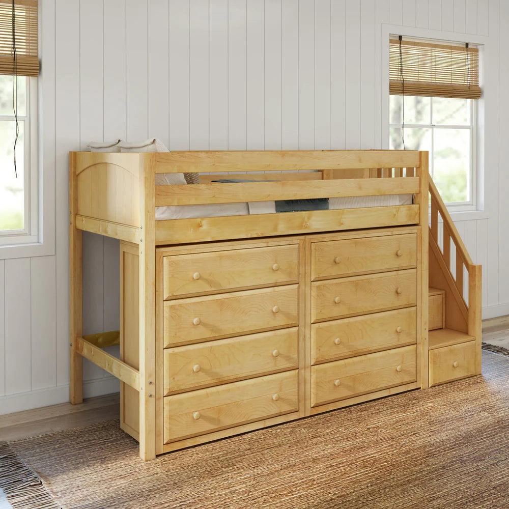 Twin Mid Loft Bed with Stairs and 2 Dressers