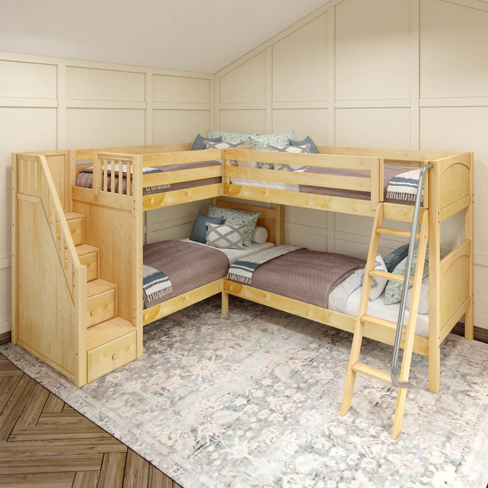 Twin XL Corner Quad Bunk Bed with Stairs