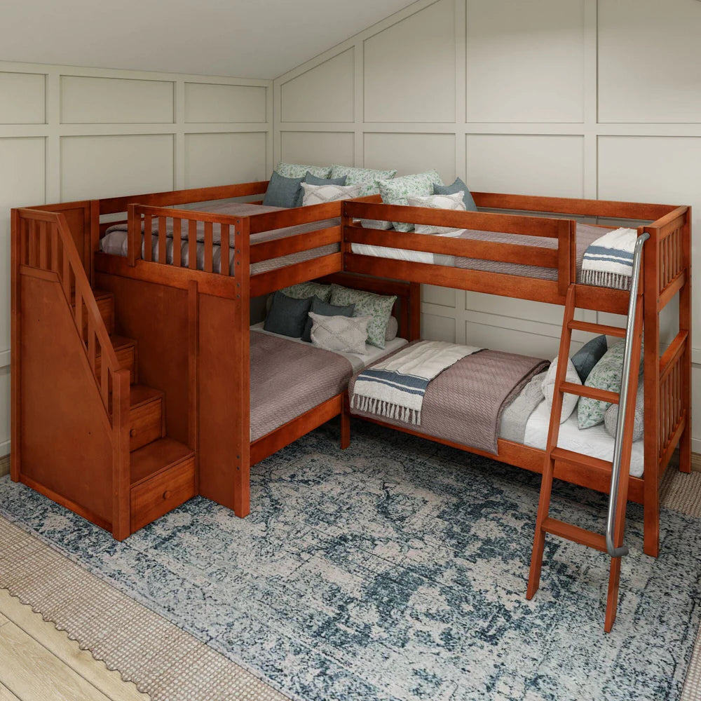 Full + Twin Medium Corner Bunk with Angled Ladder and Stairs on Left