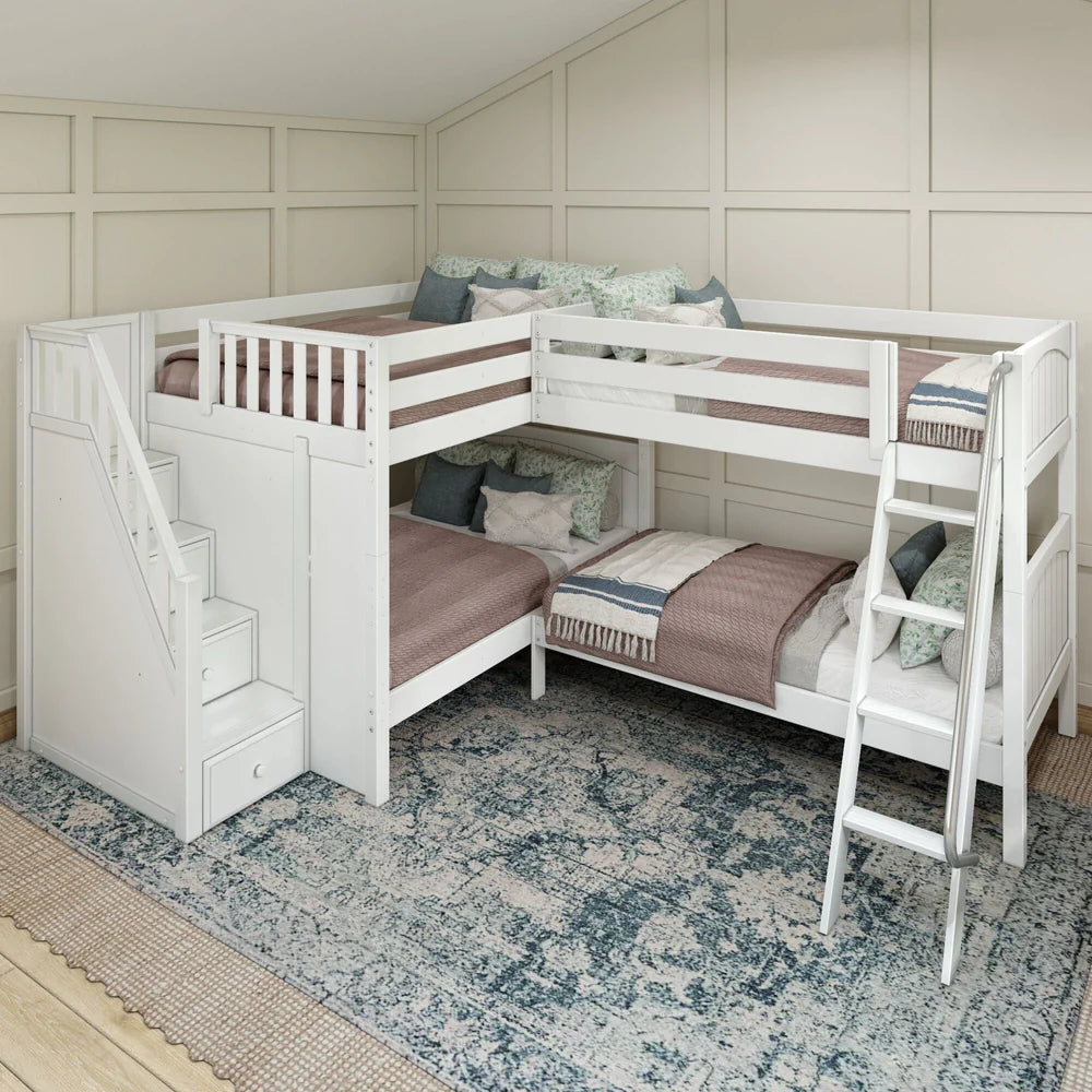 Full + Twin Medium Corner Bunk with Angled Ladder and Stairs on Left