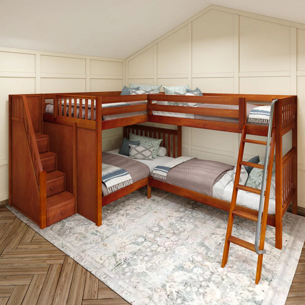 Queen + Twin XL Corner Quad Bunk Bed with Stairs