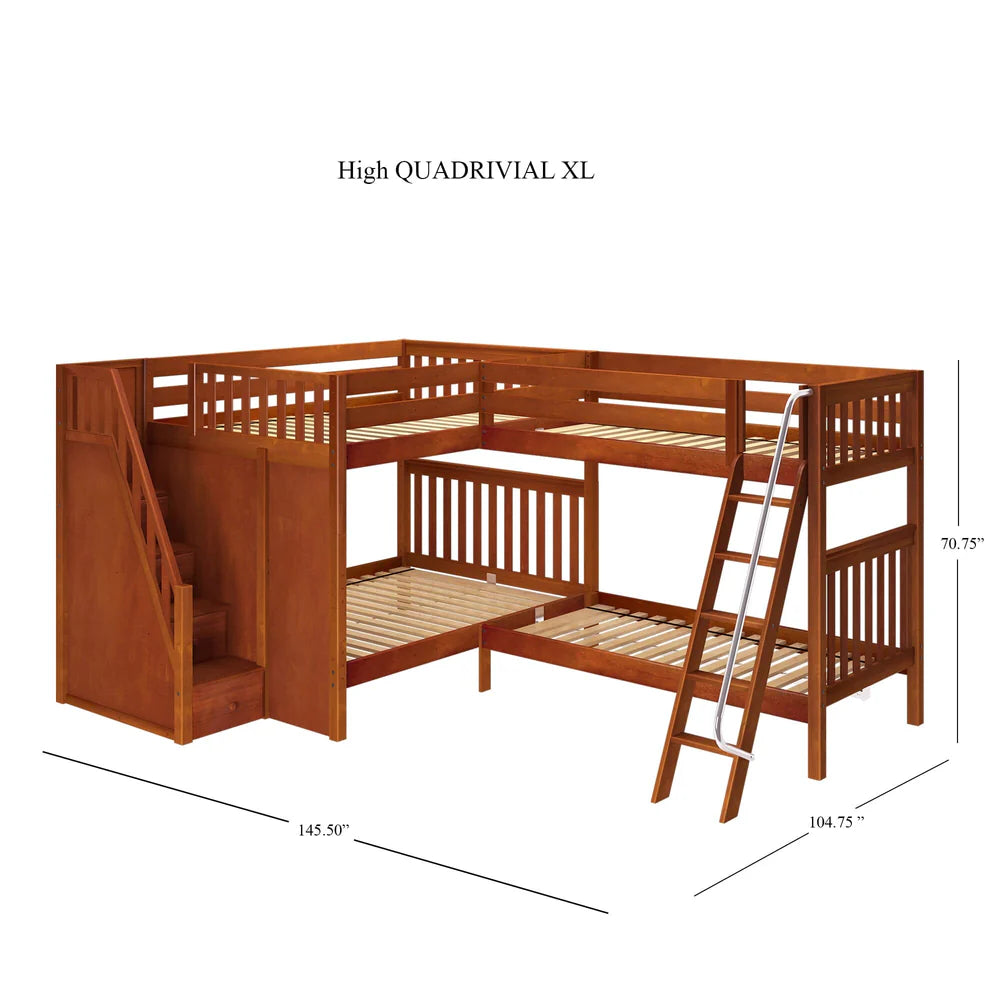 Queen + Twin XL Corner Quad Bunk Bed with Stairs