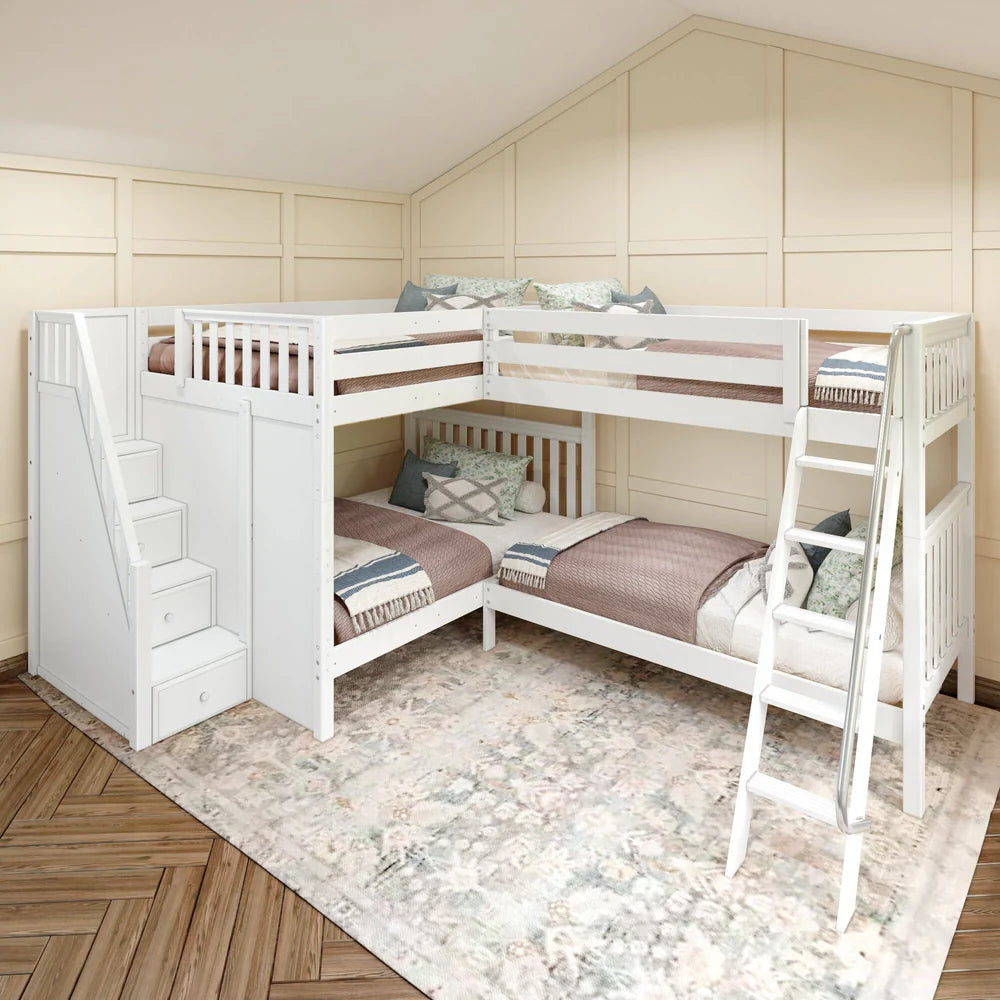 Queen + Twin XL Corner Quad Bunk Bed with Stairs
