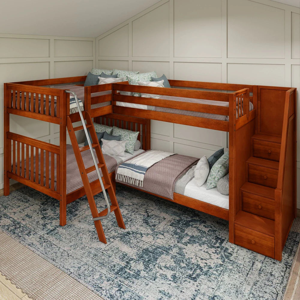 Full + Twin Corner Quad Bunk Bed with Stairs