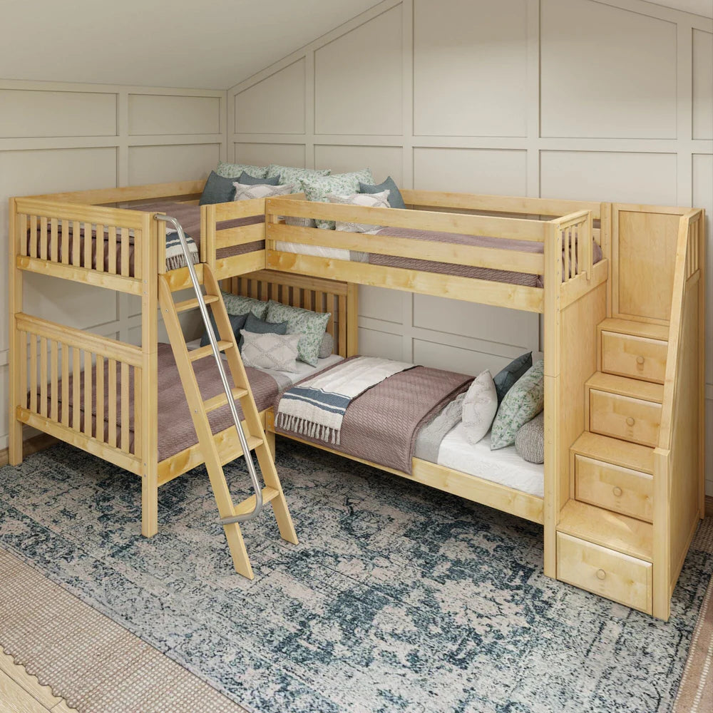 Full + Twin Corner Quad Bunk Bed with Stairs