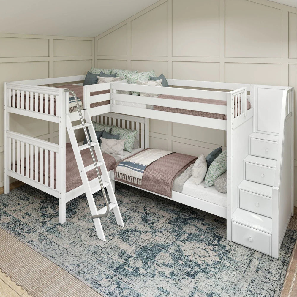 Full + Twin Corner Quad Bunk Bed with Stairs