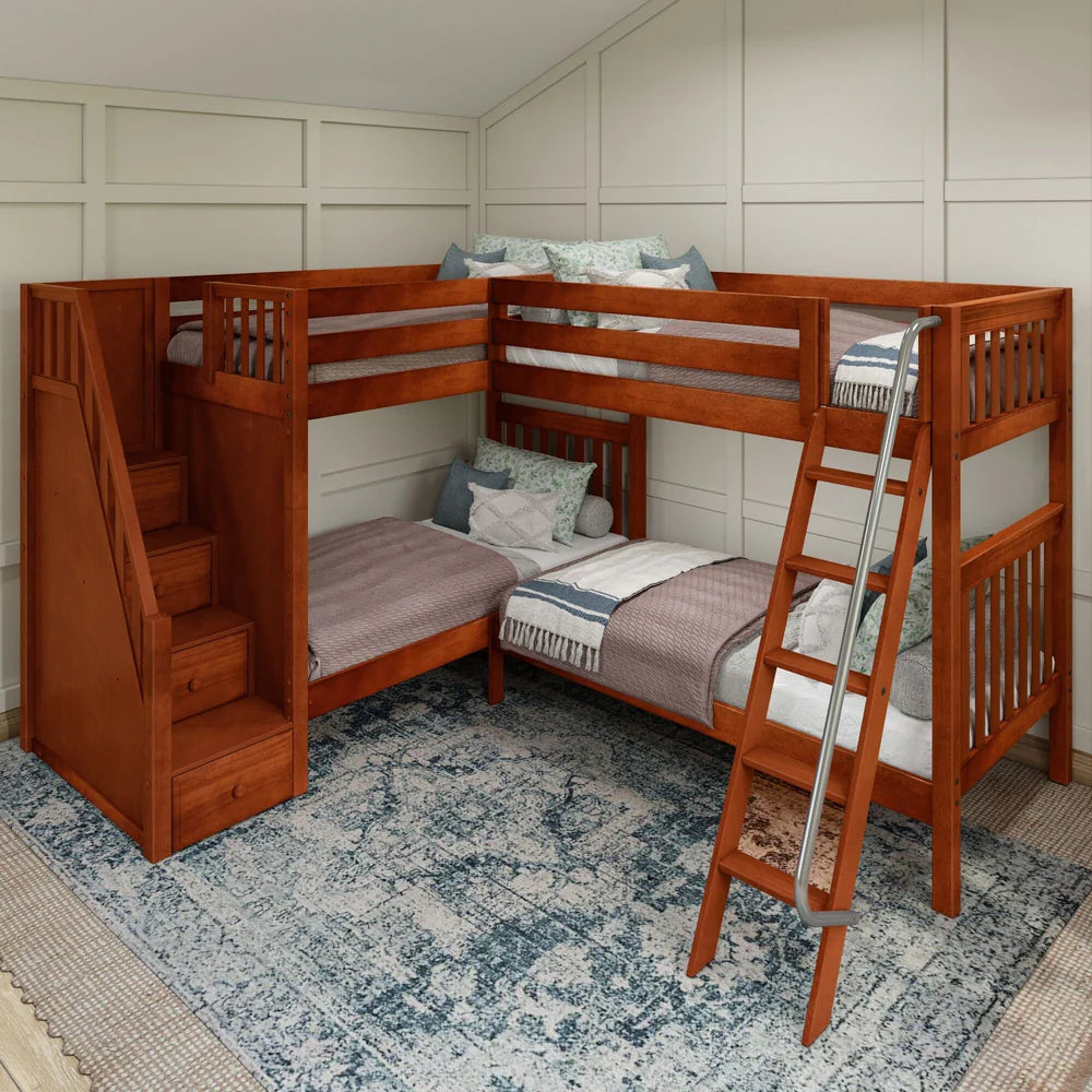 Twin XL Corner Quad Bunk Bed with Stairs