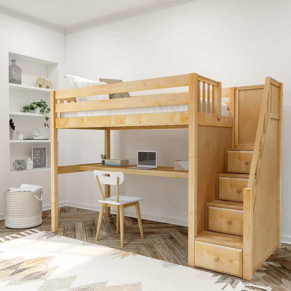 High Study Loft Bed with Long Desk and Stairs