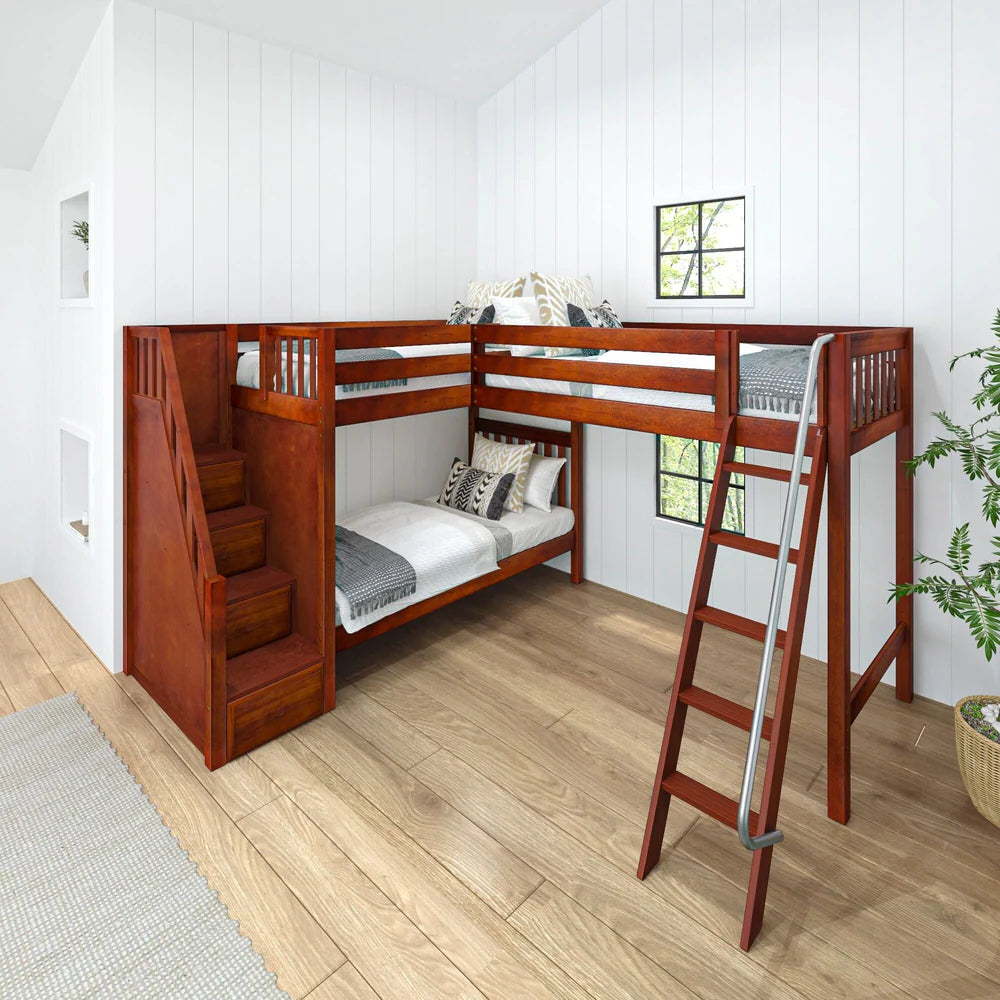 Twin Corner Triple Loft Bunk Bed with Stair