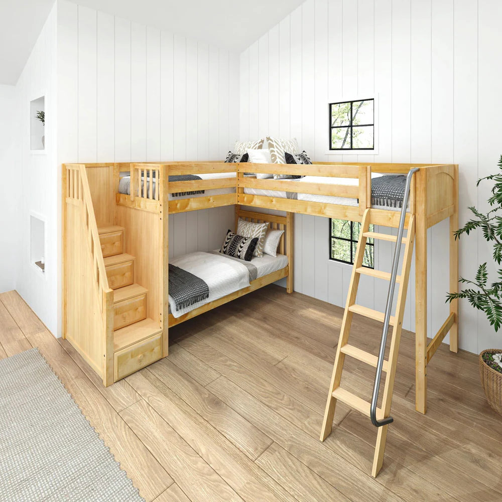 Twin Corner Triple Loft Bunk Bed with Stair