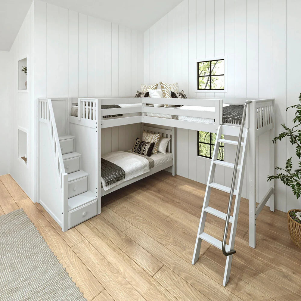 Full + Twin Corner Triple Loft Bunk Bed with Stairs