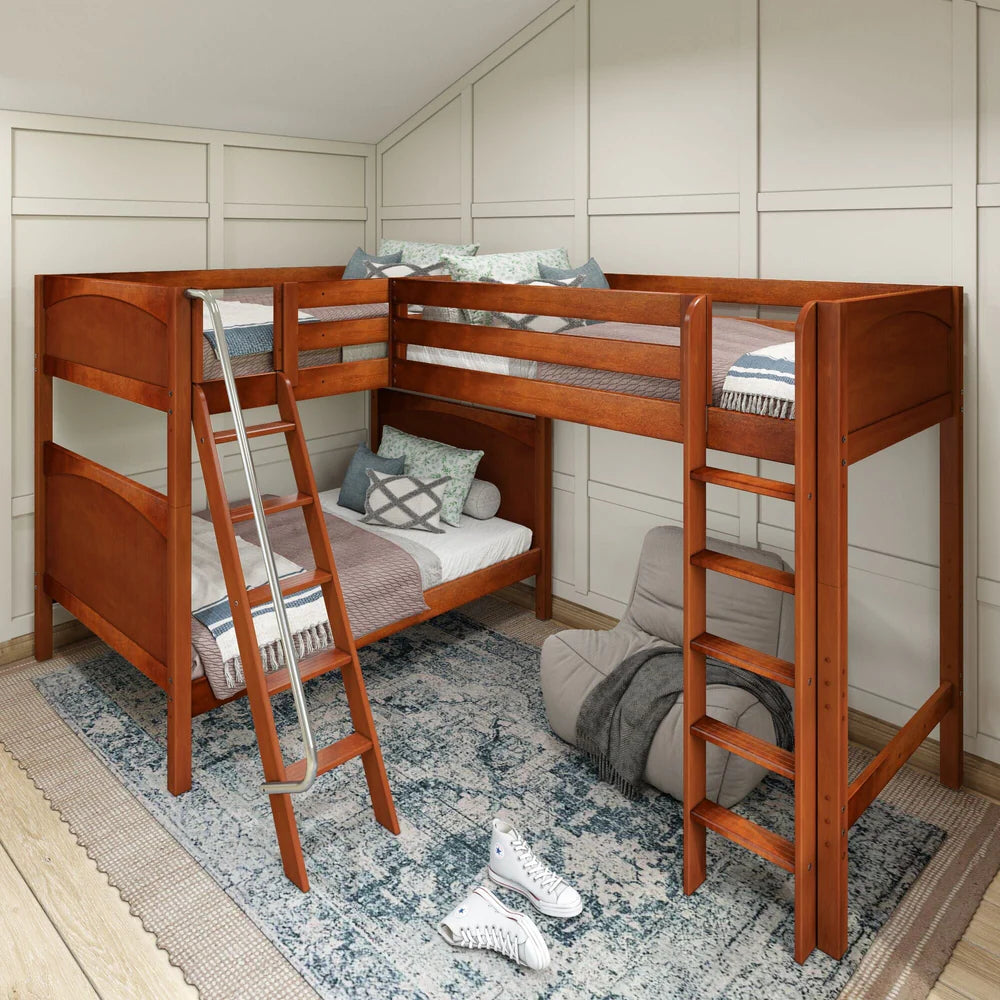 Full + Twin High Corner Loft Bunk with Straight Ladder and Angled Ladder